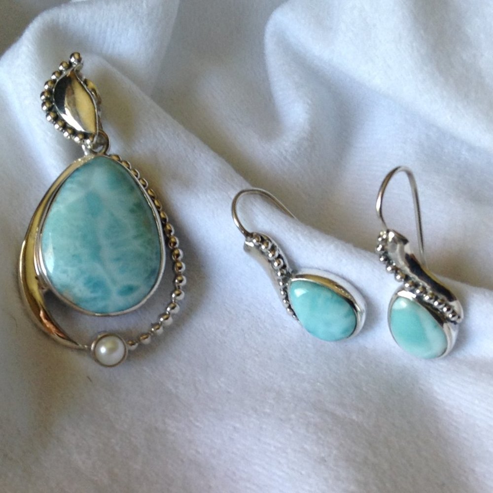 Sajen Larimar Pendant Pearl Accent Sterling Silver with Matching Earrings - Picture 16 of 16
